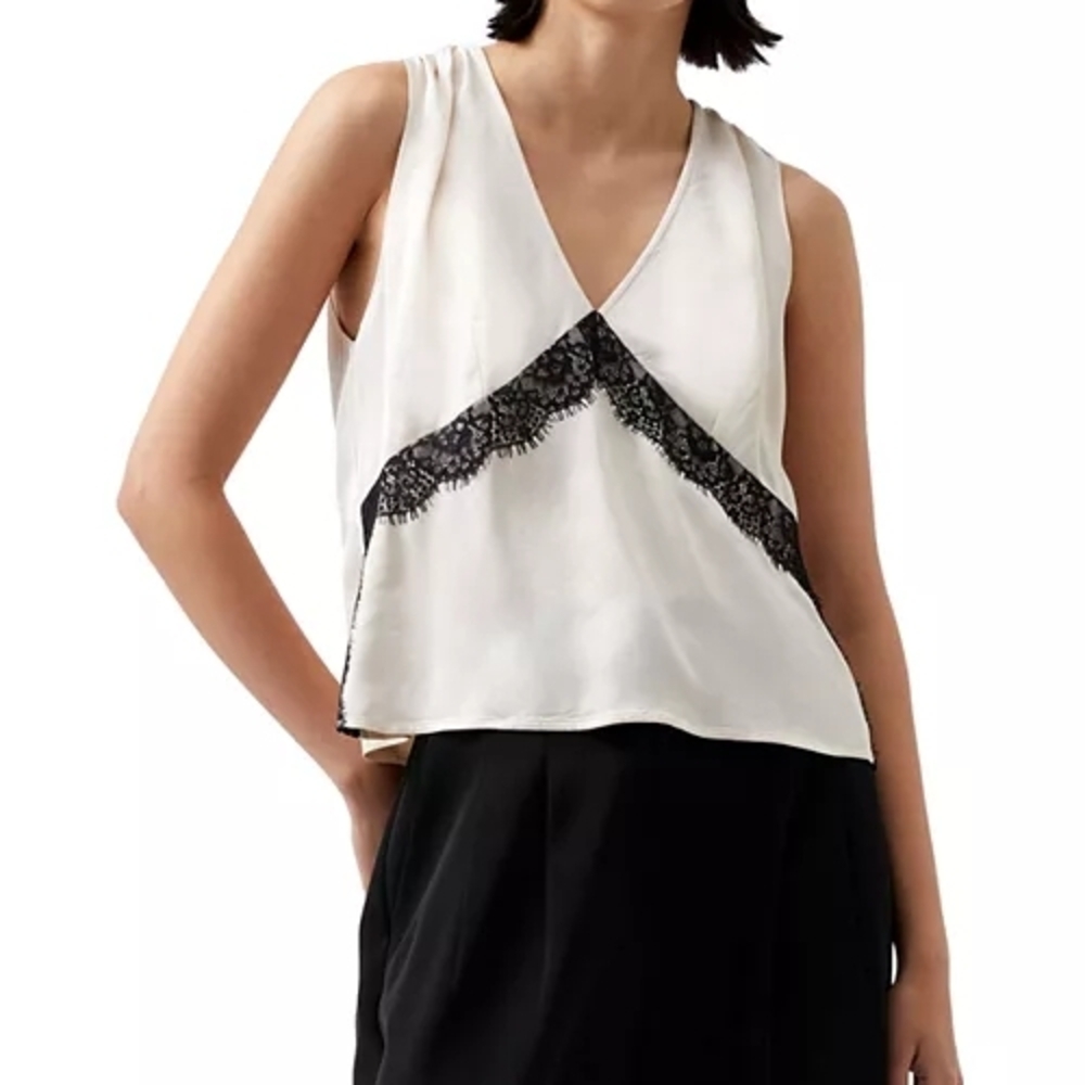 French Connection Ennis Satin Lace‑Trim Top Women’s Satin V‑Neck Sleeveless Blou - Picture 2 of 6